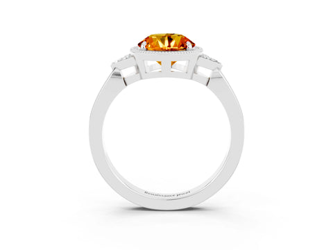 White gold Round Cut Citrine Halo Ring with Tapered Band and Four-Prong Setting_111