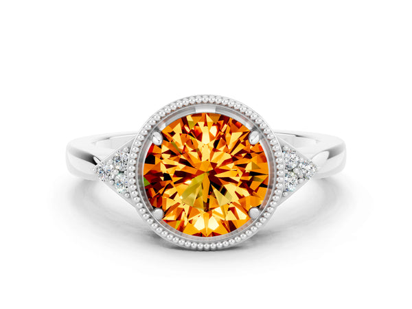 Silver Round Cut Citrine Halo Ring with Tapered Band and Four-Prong Setting