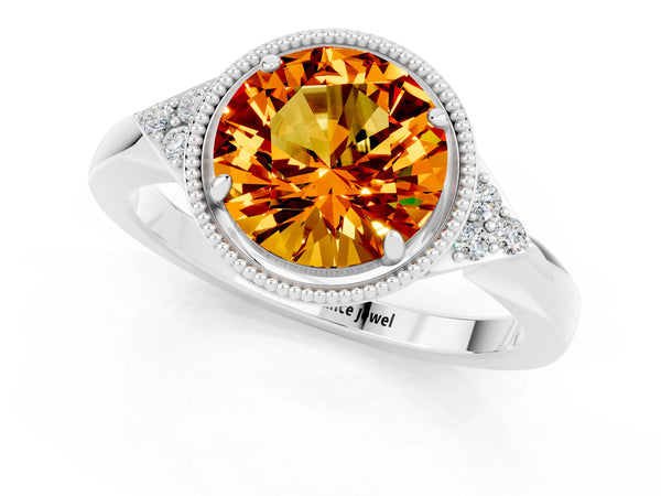 Silver Round Cut Citrine Halo Ring with Tapered Band and Four-Prong Setting