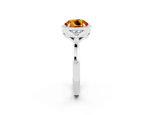 Silver Round Cut Citrine Halo Ring with Tapered Band and Four-Prong Setting