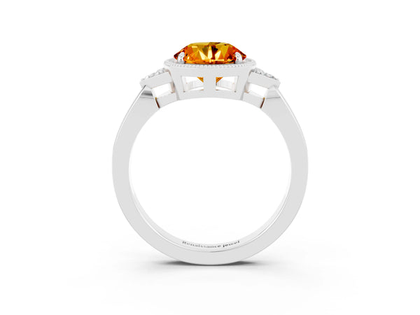 Silver Round Cut Citrine Halo Ring with Tapered Band and Four-Prong Setting