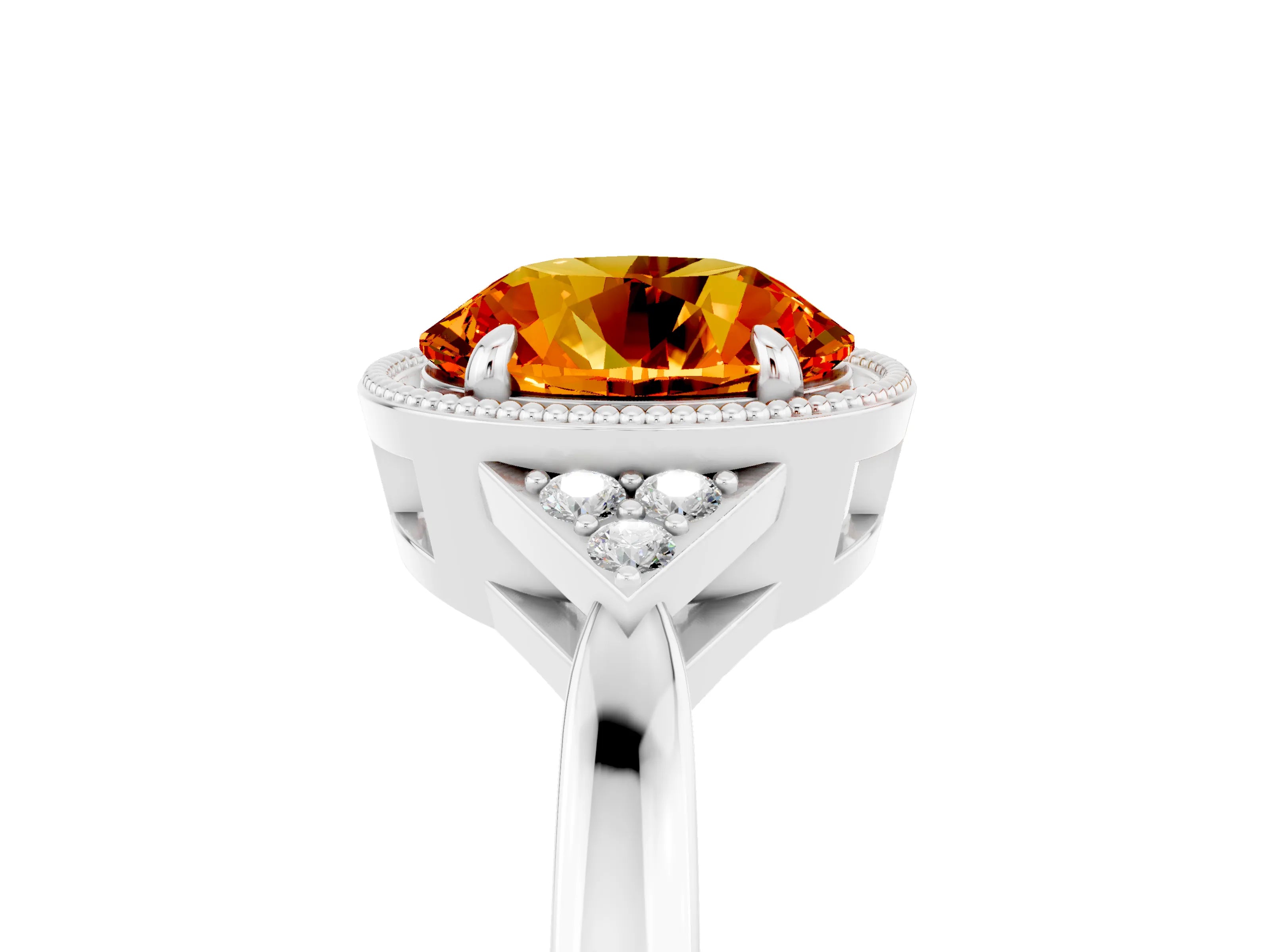 White gold Round Cut Citrine Halo Ring with Tapered Band and Four-Prong Setting_59
