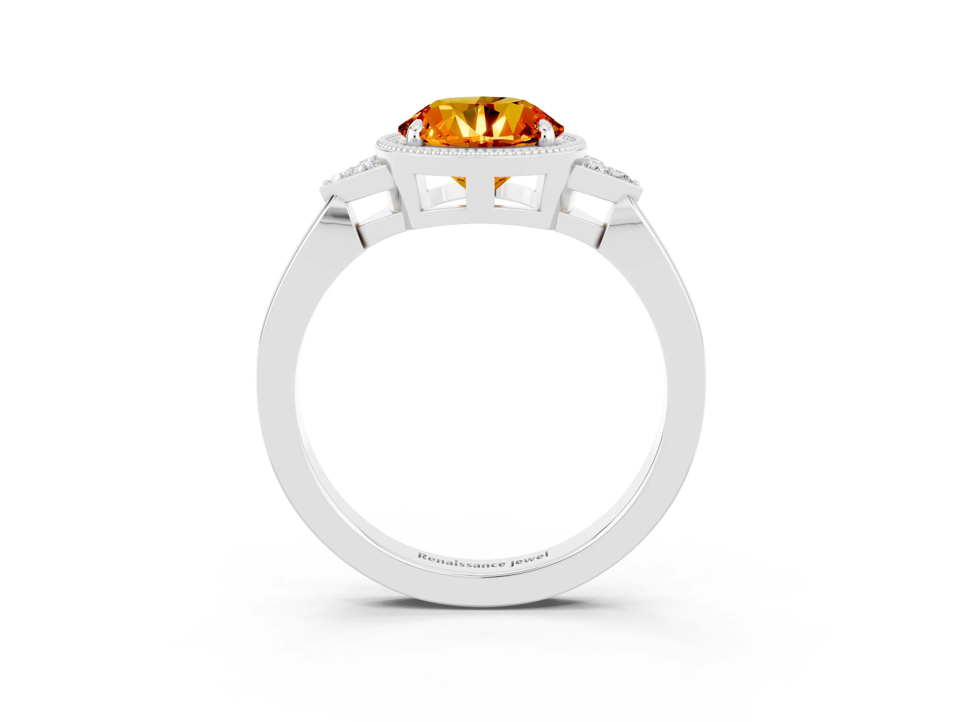 White gold Round Cut Citrine Halo Ring with Tapered Band and Four-Prong Setting_83