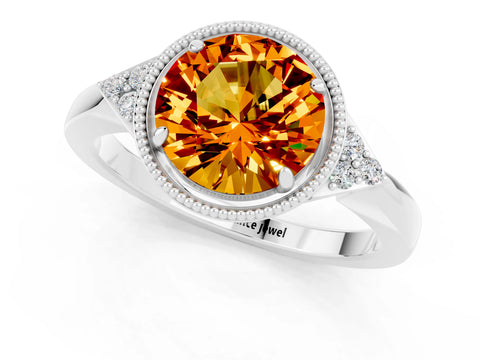 White gold Round Cut Citrine Halo Ring with Tapered Band and Four-Prong Setting_97