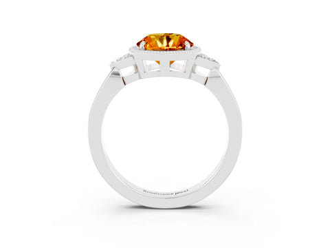 White gold Round Cut Citrine Halo Ring with Tapered Band and Four-Prong Setting_99