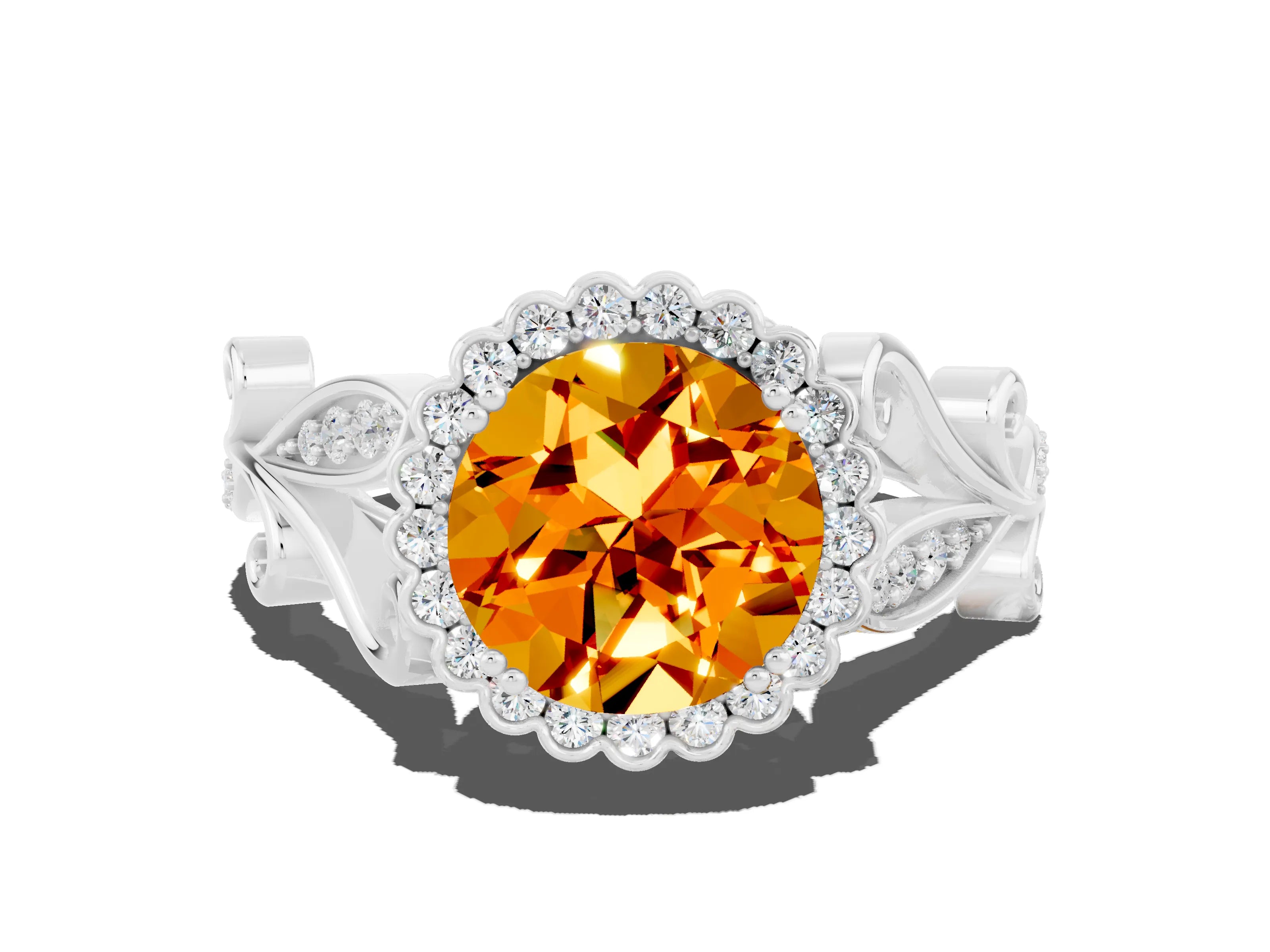 White gold Round Cut Citrine Halo Ring with Vintage Split Shank and Four-Prong Setting
