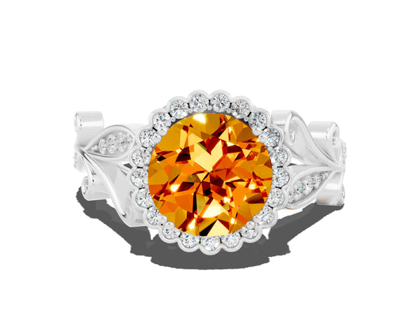 Platinum Round Cut Citrine Halo Ring with Vintage Split Shank and Four-Prong Setting