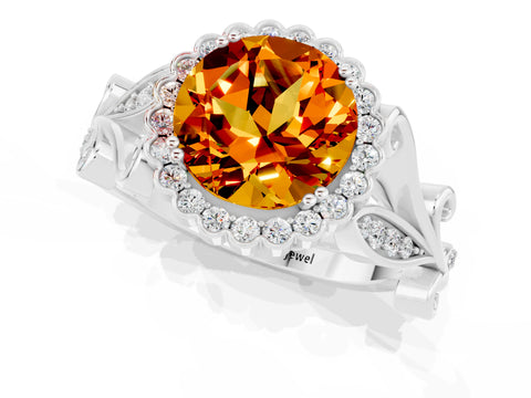 White gold Round Cut Citrine Halo Ring with Vintage Split Shank and Four-Prong Setting_1
