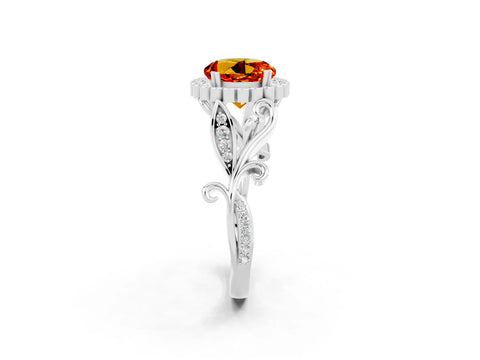 White gold Round Cut Citrine Halo Ring with Vintage Split Shank and Four-Prong Setting_2