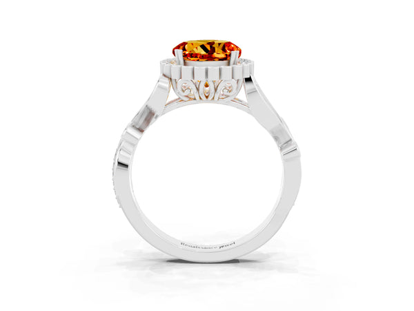 Platinum Round Cut Citrine Halo Ring with Vintage Split Shank and Four-Prong Setting