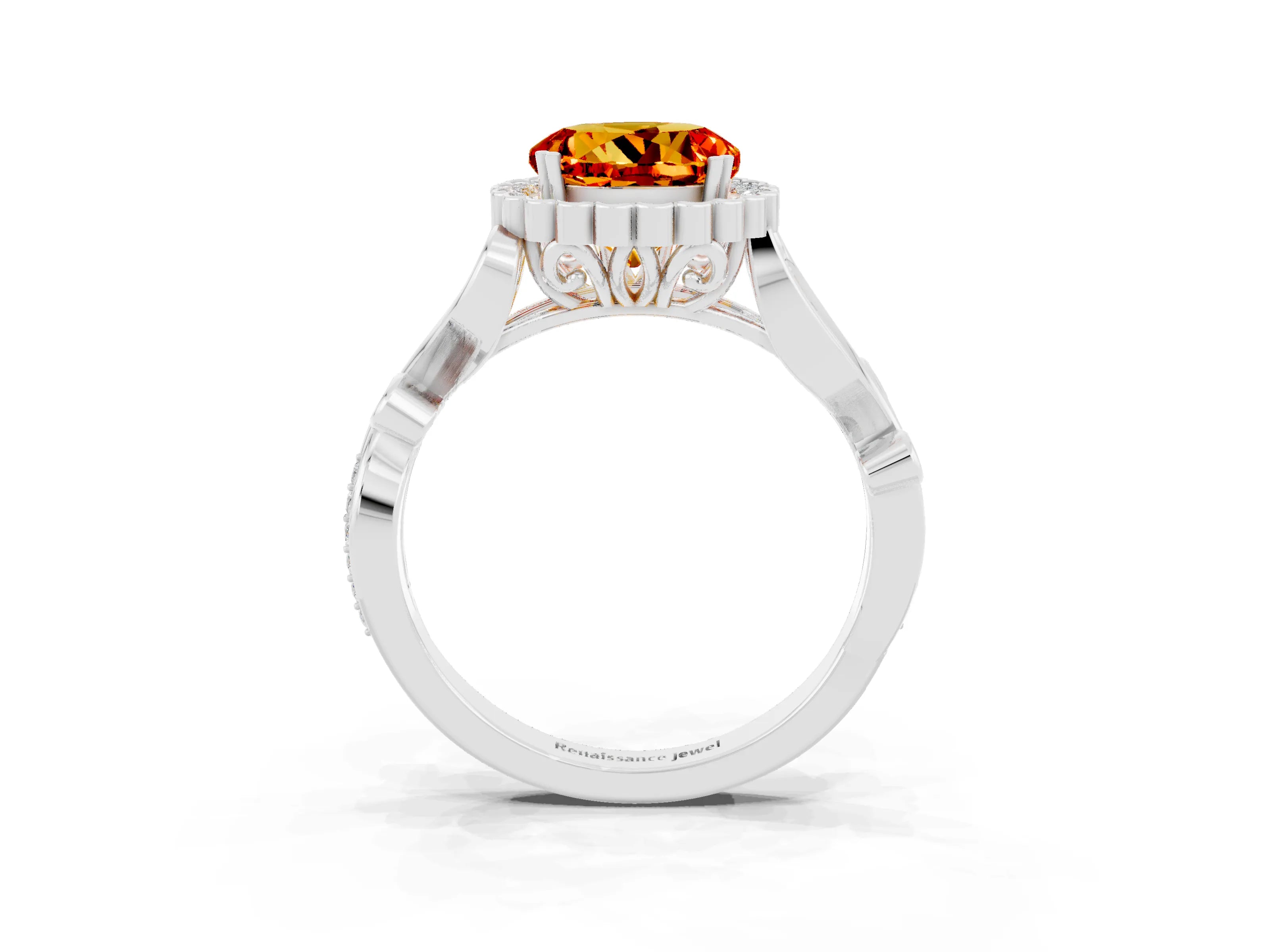White gold Round Cut Citrine Halo Ring with Vintage Split Shank and Four-Prong Setting_3