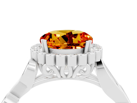 White gold Round Cut Citrine Halo Ring with Vintage Split Shank and Four-Prong Setting_4