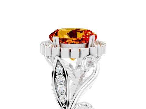 White gold Round Cut Citrine Halo Ring with Vintage Split Shank and Four-Prong Setting_5