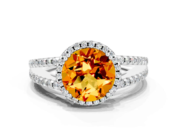 Platinum Round Cut Citrine Halo Split Shank Engagement Ring