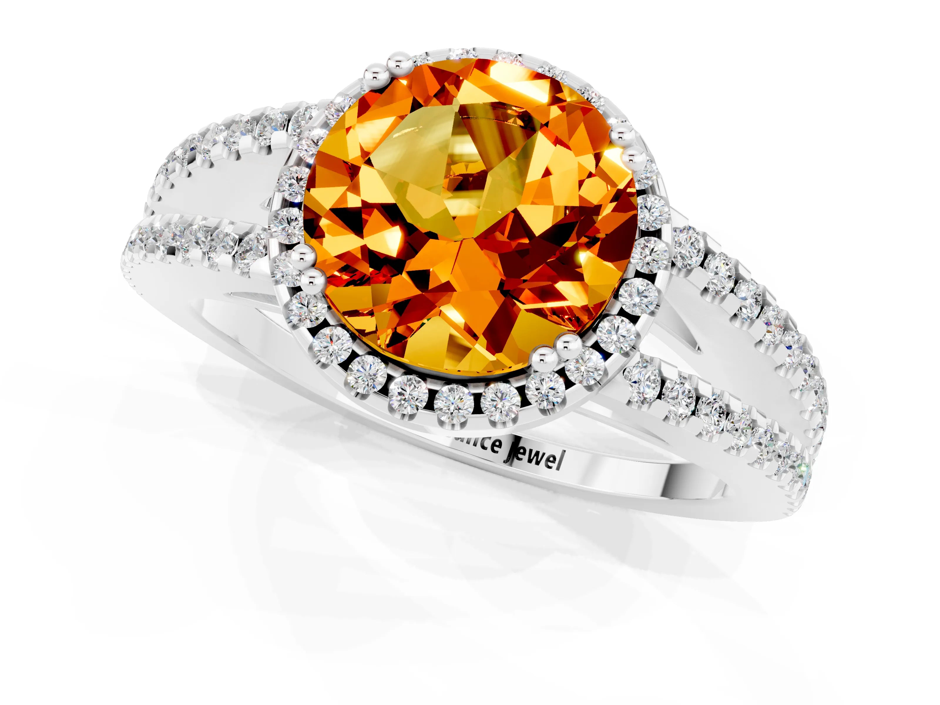 White gold Round Cut Citrine Halo Split Shank Engagement Ring_13
