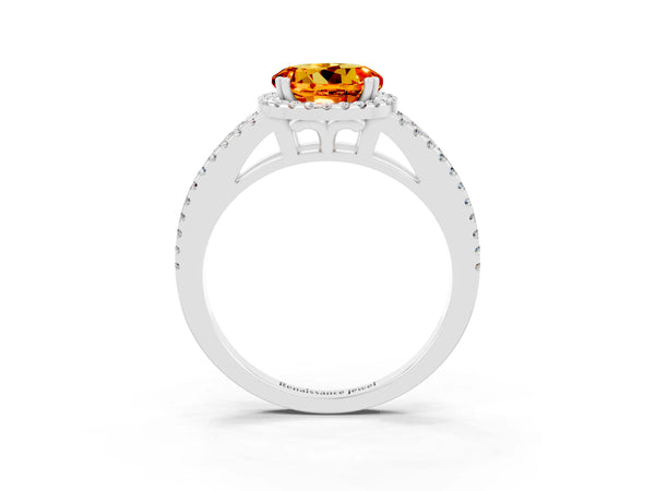 Silver Round Cut Citrine Halo Split Shank Engagement Ring