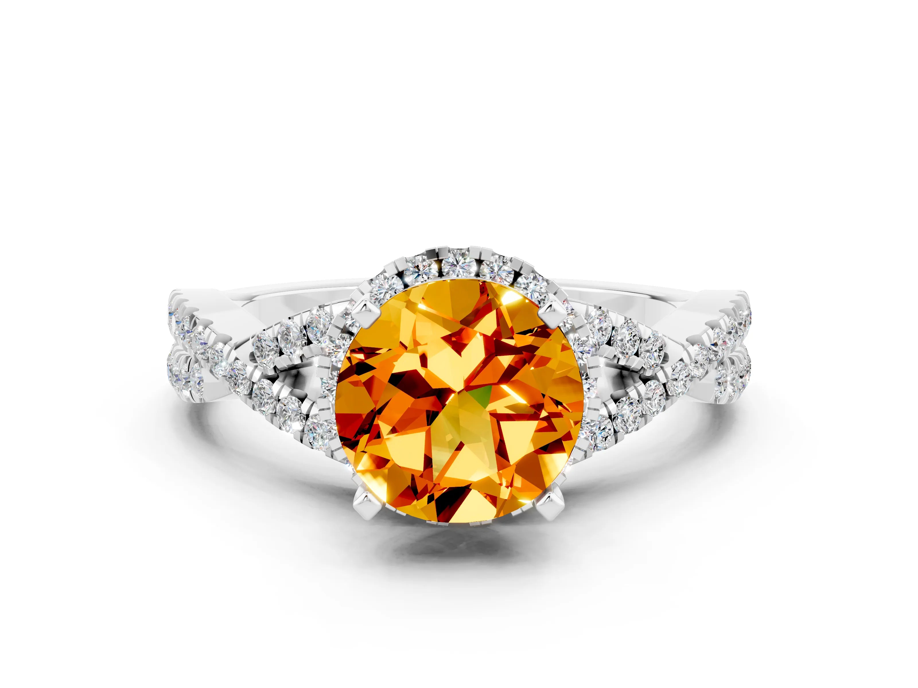 White gold Round Cut Citrine Halo Twist Band Solitaire Prong Setting Ring