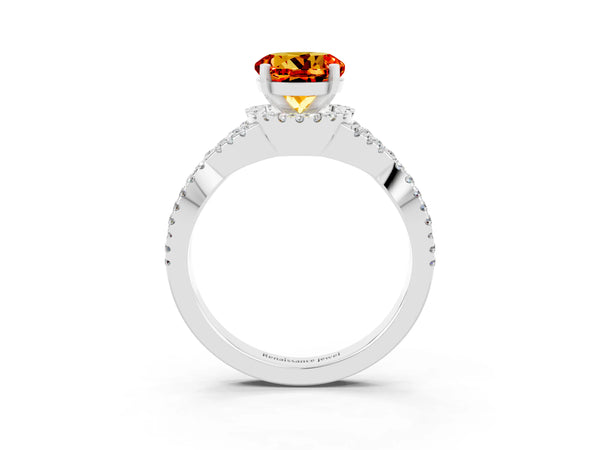 Platinum Round Cut Citrine  Halo Twist Band Solitaire Prong Setting Ring