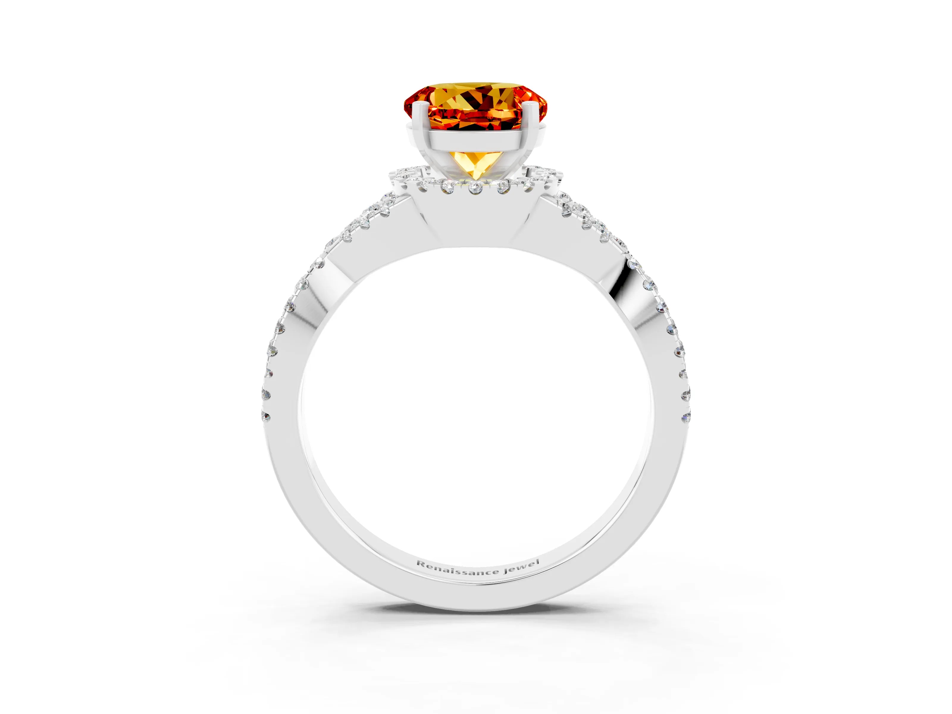 White gold Round Cut Citrine Halo Twist Band Solitaire Prong Setting Ring_3