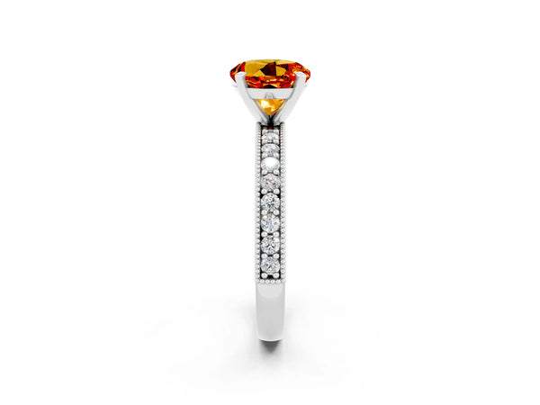 Silver Round Cut Citrine Milgrain Pavé Engagement Ring with Four-Prong Setting