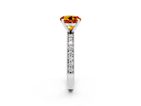 White gold Round Cut Citrine Milgrain Pavé Engagement Ring with Four-Prong Setting_2