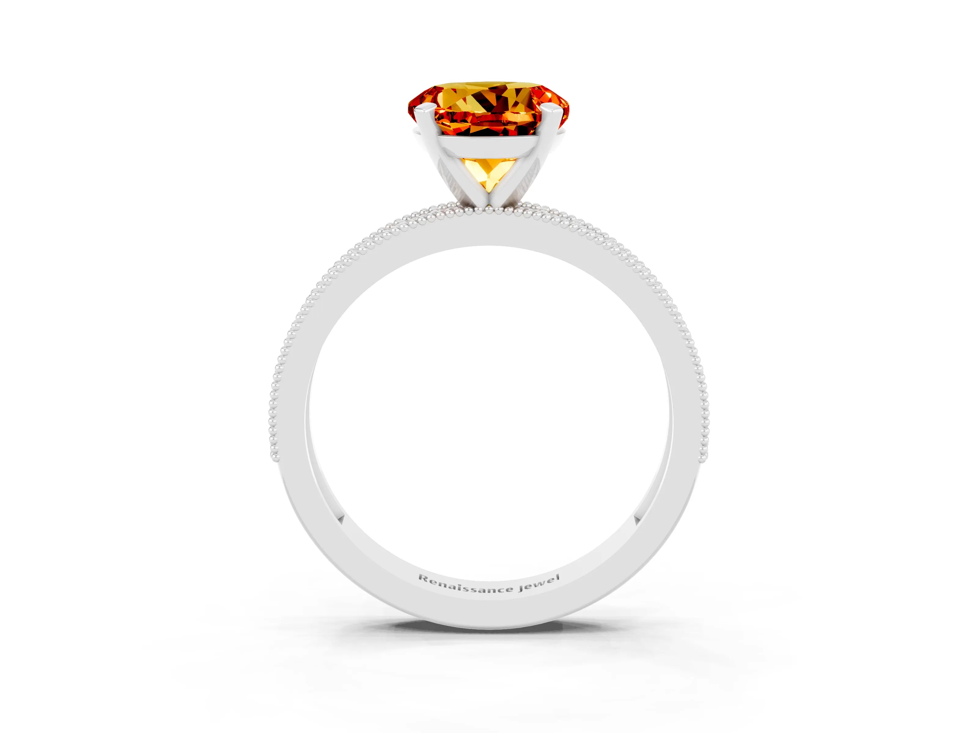 White gold Round Cut Citrine Milgrain Pavé Engagement Ring with Four-Prong Setting_3