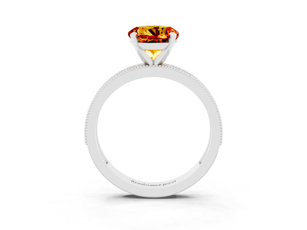 Platinum Round Cut Citrine Milgrain Pavé Engagement Ring with Four-Prong Setting