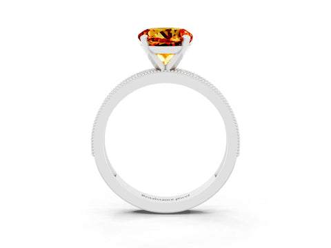 White gold Round Cut Citrine Milgrain Pavé Engagement Ring with Four-Prong Setting_3