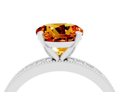 White gold Round Cut Citrine Milgrain Pavé Engagement Ring with Four-Prong Setting_4