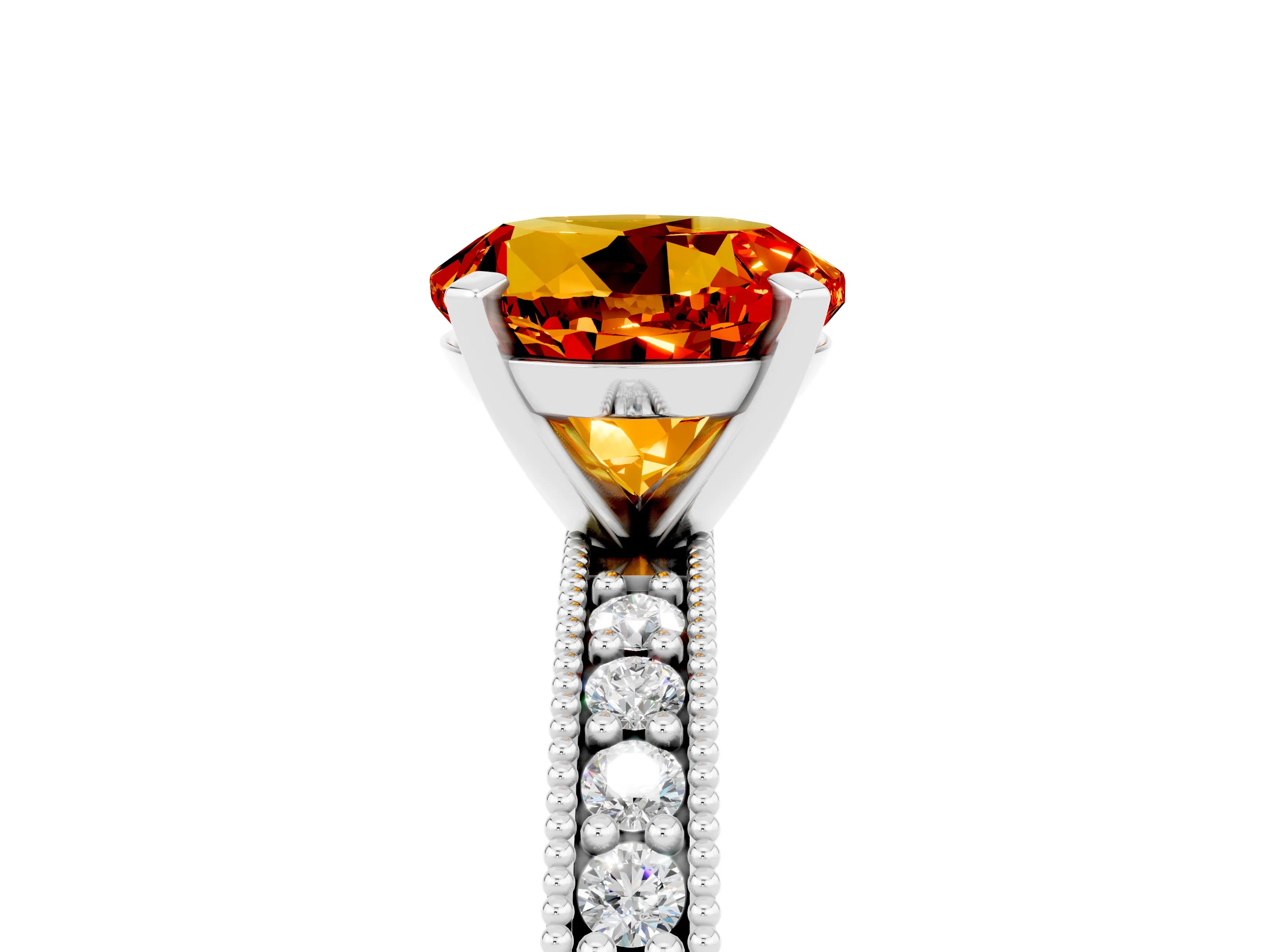 White gold Round Cut Citrine Milgrain Pavé Engagement Ring with Four-Prong Setting_5