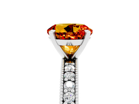 White gold Round Cut Citrine Milgrain Pavé Engagement Ring with Four-Prong Setting_5