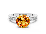 White gold Round Cut Citrine Milgrain Pavé Engagement Ring with Four-Prong Setting