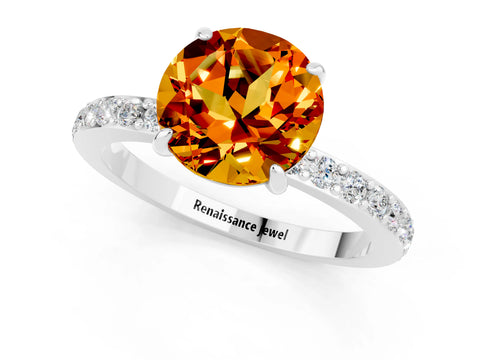 White gold Round Cut Citrine Pavé Engagement Ring with Round  Accents and Prong Setting_25