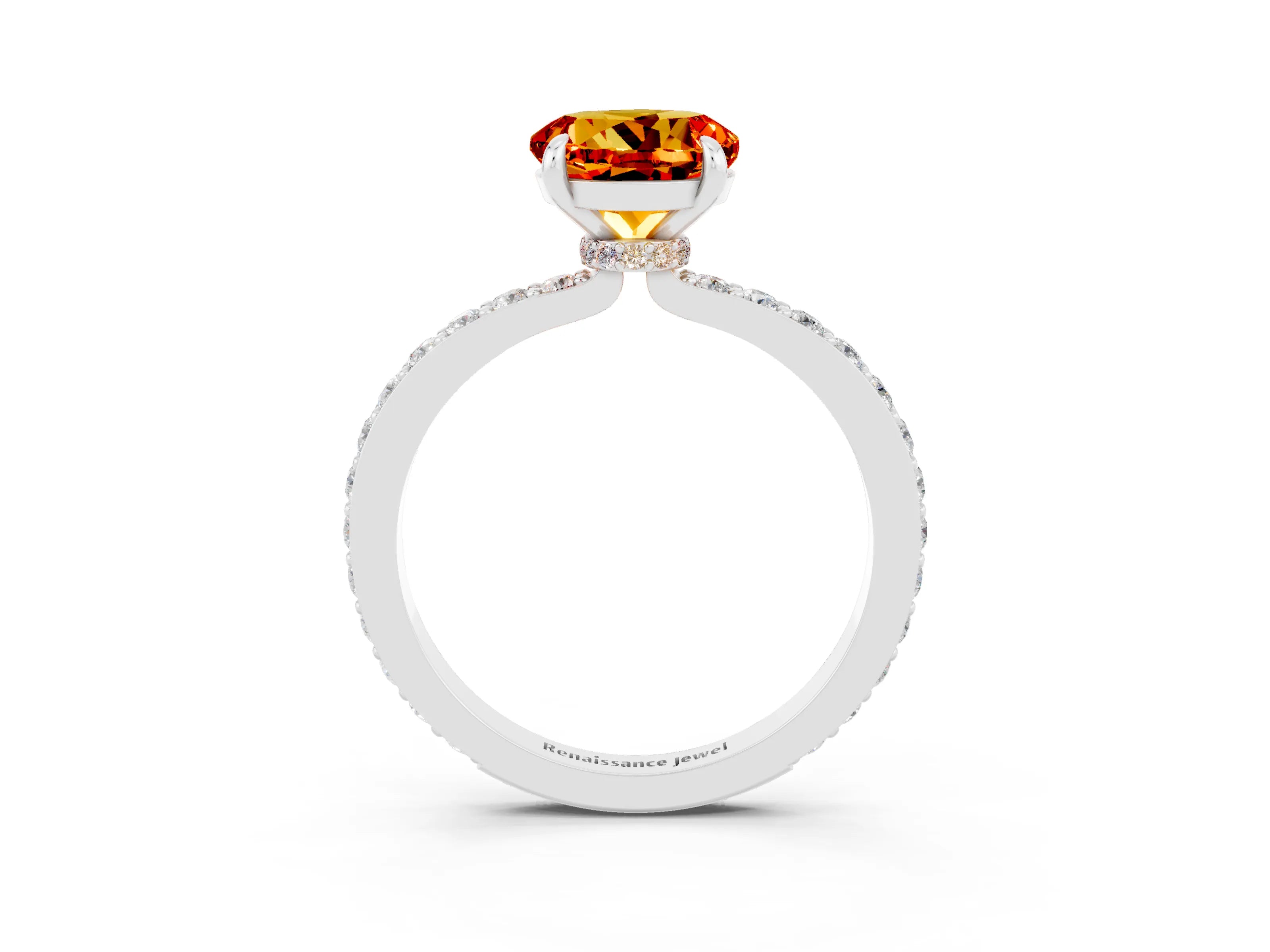 White gold Round Cut Citrine Pavé Engagement Ring with Round  Accents and Prong Setting_27