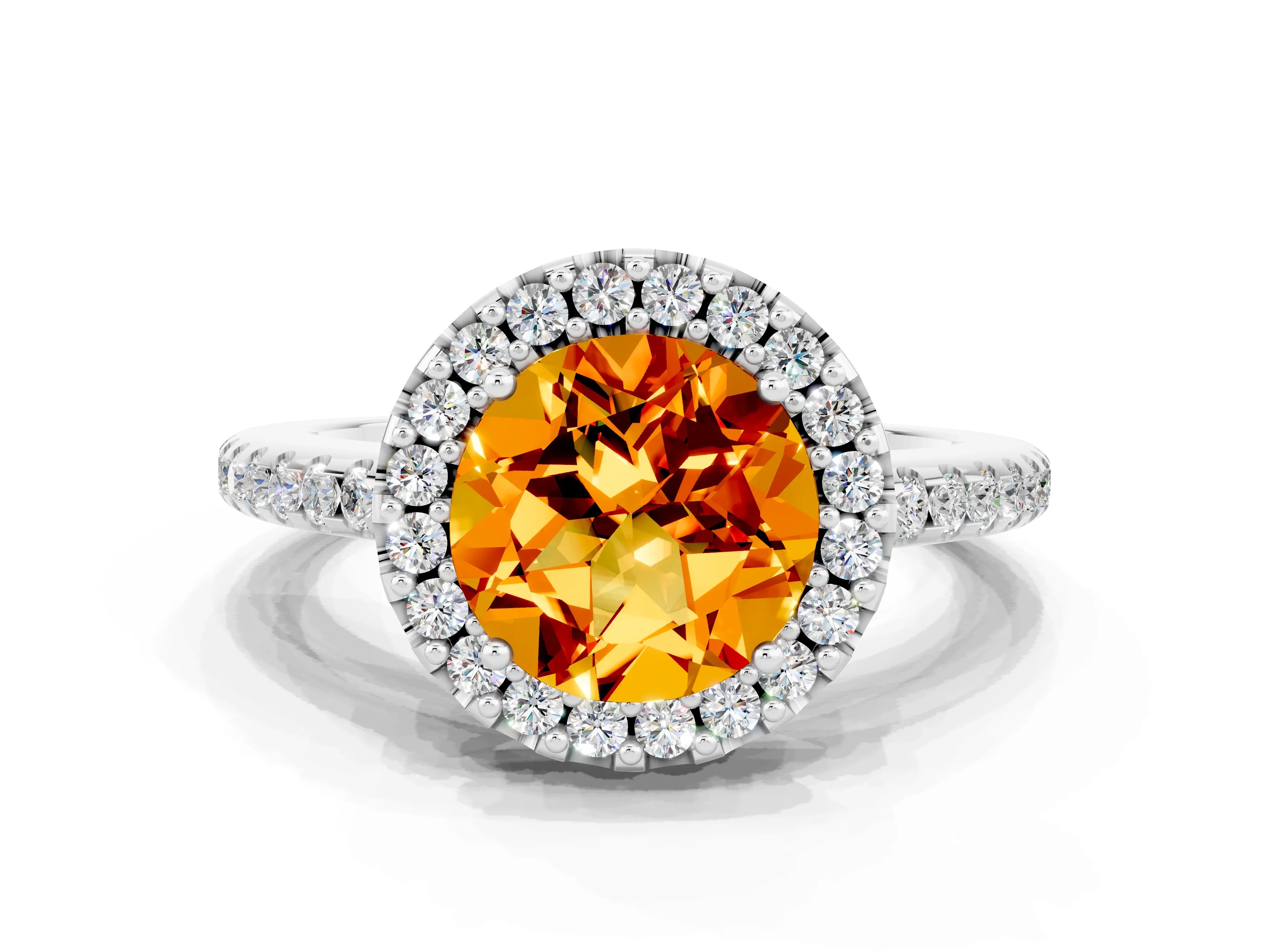 White gold Round Cut Citrine Pavé Halo Ring with Four-Prong Setting_12
