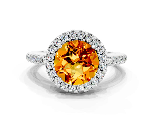 White gold Round Cut Citrine Pavé Halo Ring with Four-Prong Setting