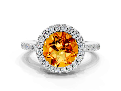 White gold Round Cut Citrine Pavé Halo Ring with Four-Prong Setting_12