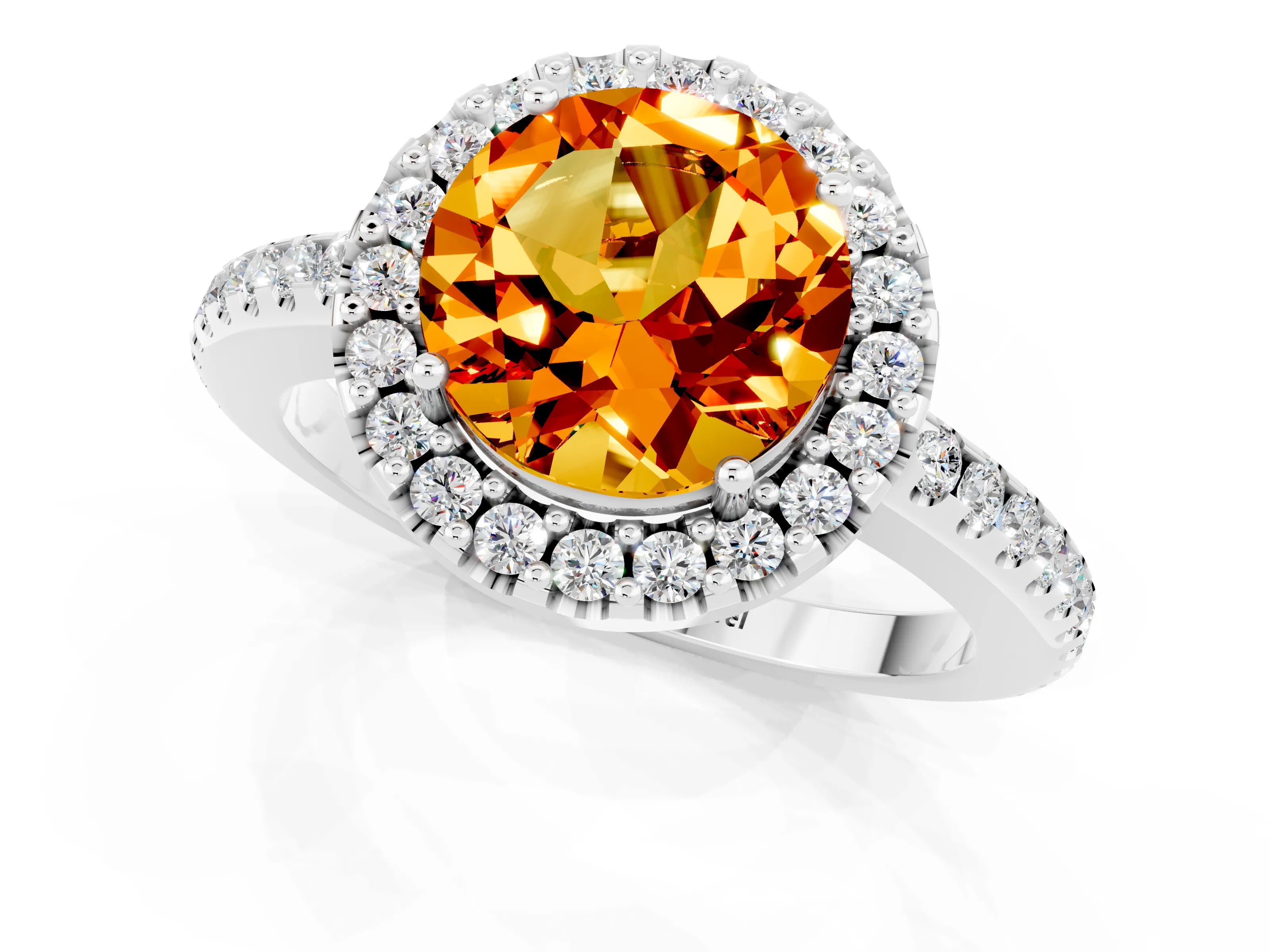 White gold Round Cut Citrine Pavé Halo Ring with Four-Prong Setting_13