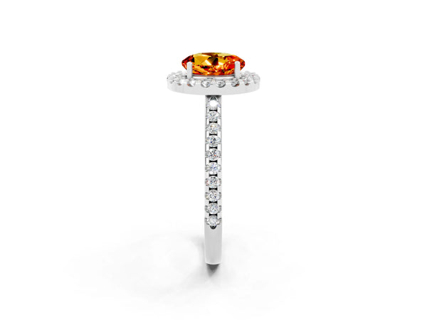 Platinum Round Cut Citrine Pavé Halo Ring with Four-Prong Setting