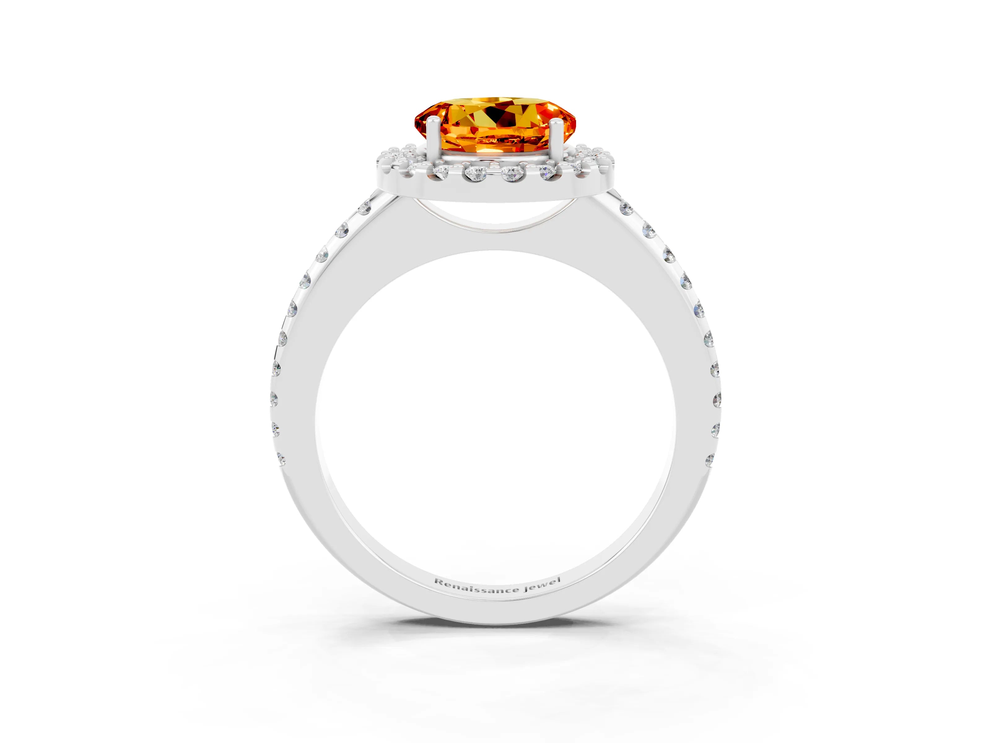 White gold Round Cut Citrine Pavé Halo Ring with Four-Prong Setting_15