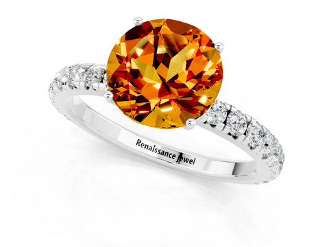 White gold Round Cut Citrine Pavé Solitaire Engagement Ring with Four-Prong Setting_13