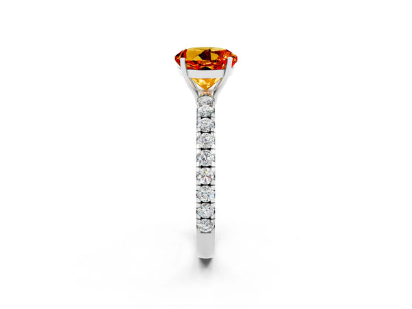 Platinum Round Cut Citrine Pavé Solitaire Engagement Ring with Four-Prong Setting