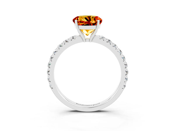 Platinum Round Cut Citrine Pavé Solitaire Engagement Ring with Four-Prong Setting