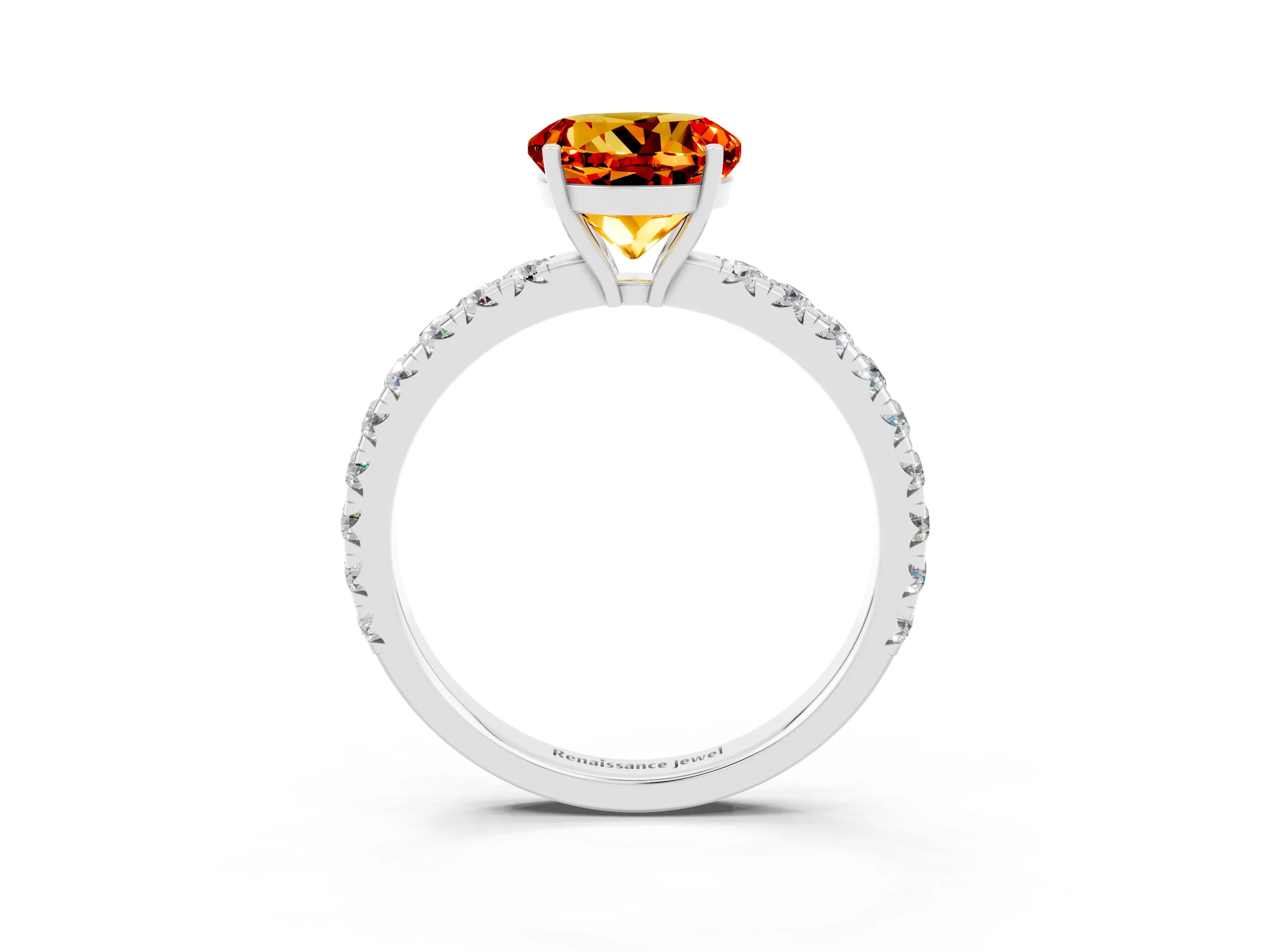 White gold Round Cut Citrine Pavé Solitaire Engagement Ring with Four-Prong Setting_15