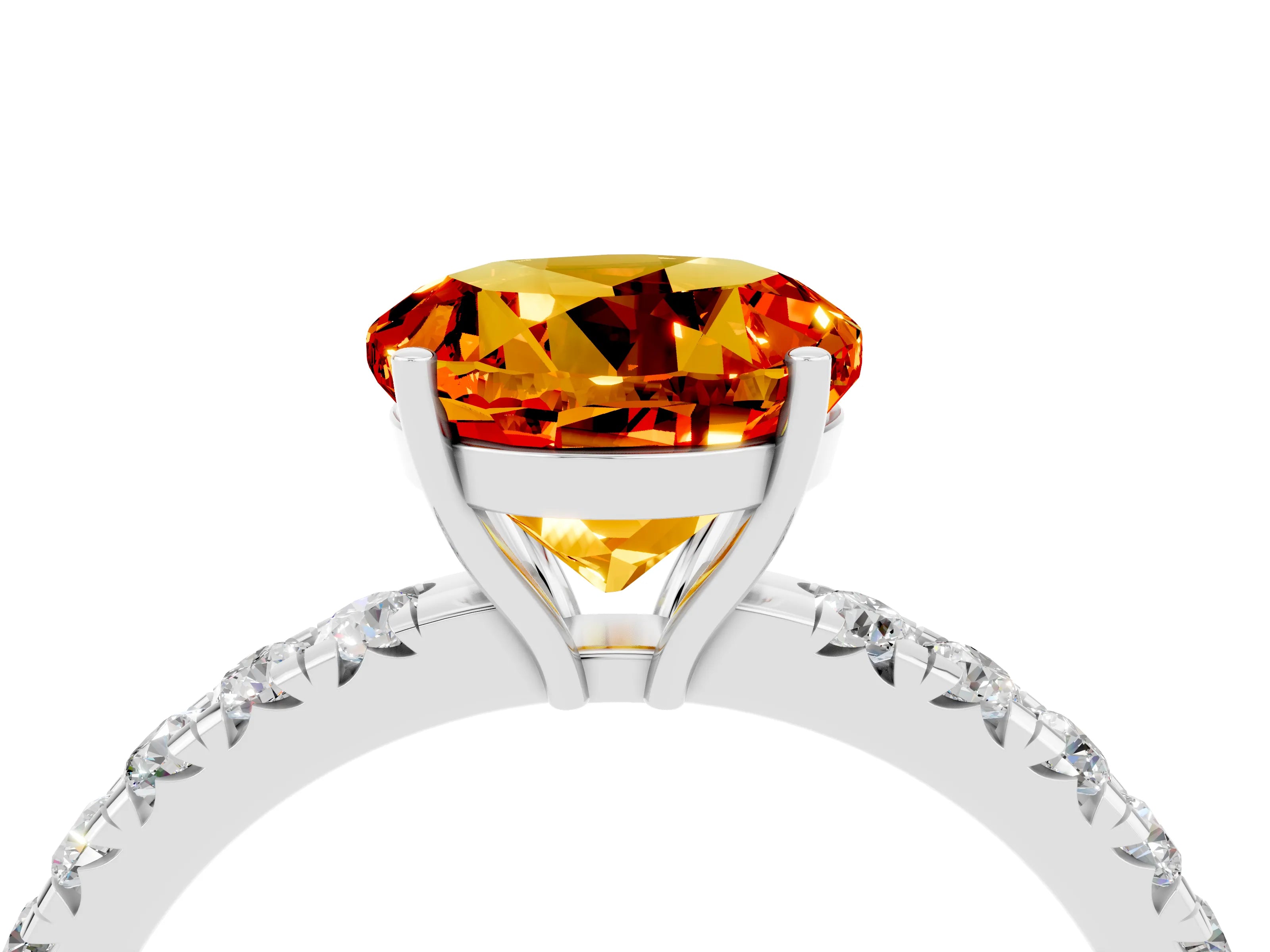 White gold Round Cut Citrine Pavé Solitaire Engagement Ring with Four-Prong Setting_16