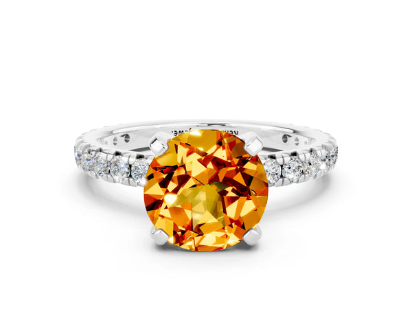 Silver Round Cut Citrine Pavé Solitaire Ring with Round Band and Prong Setting