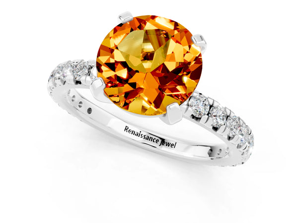 Silver Round Cut Citrine Pavé Solitaire Ring with Round Band and Prong Setting