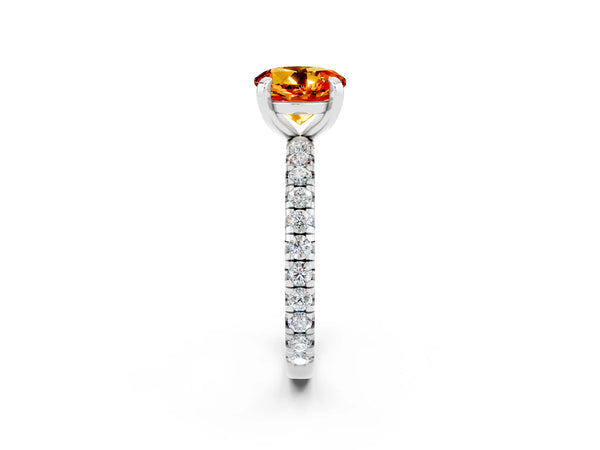 Silver Round Cut Citrine Pavé Solitaire Ring with Round Band and Prong Setting