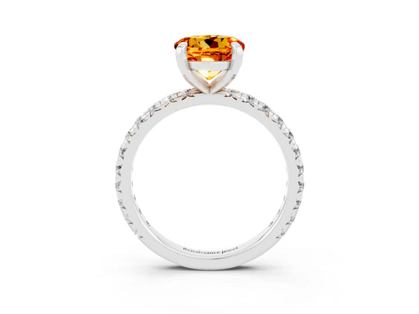 Silver Round Cut Citrine Pavé Solitaire Ring with Round Band and Prong Setting