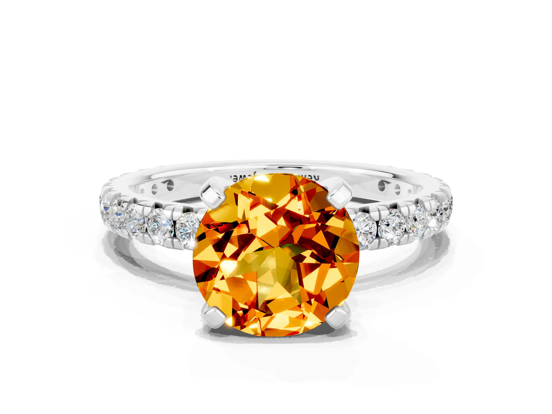 White gold Round Cut Citrine Pavé Solitaire Ring with Round Band and Prong Setting_36